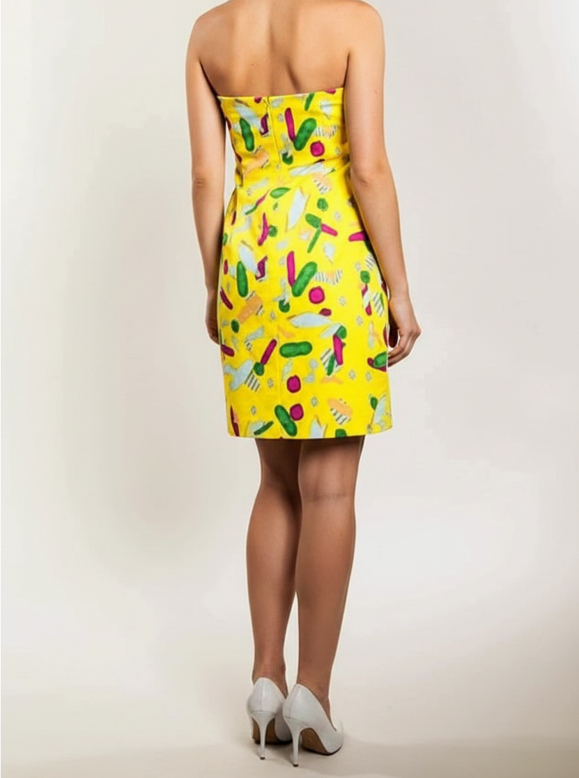 LIMITED EDITION Gelbes Trägerlos-Minikleid mit buntem Print