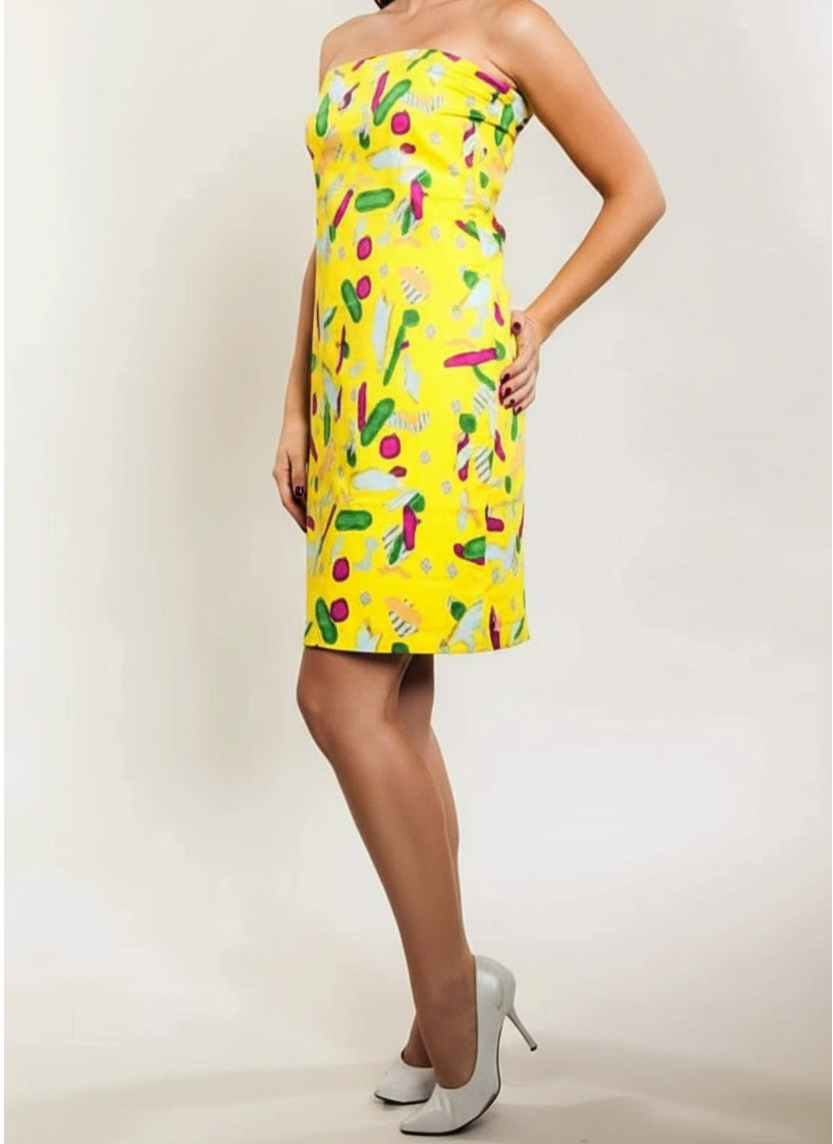 Yellow print strapless mini dress – front view